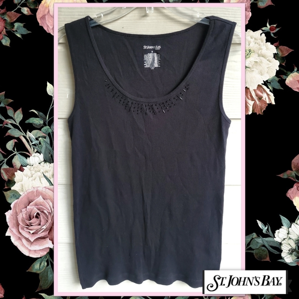 St. John's Bay Elegant Basic Black Beaded Neckline Stretchy Ribbed Knit Tank Top